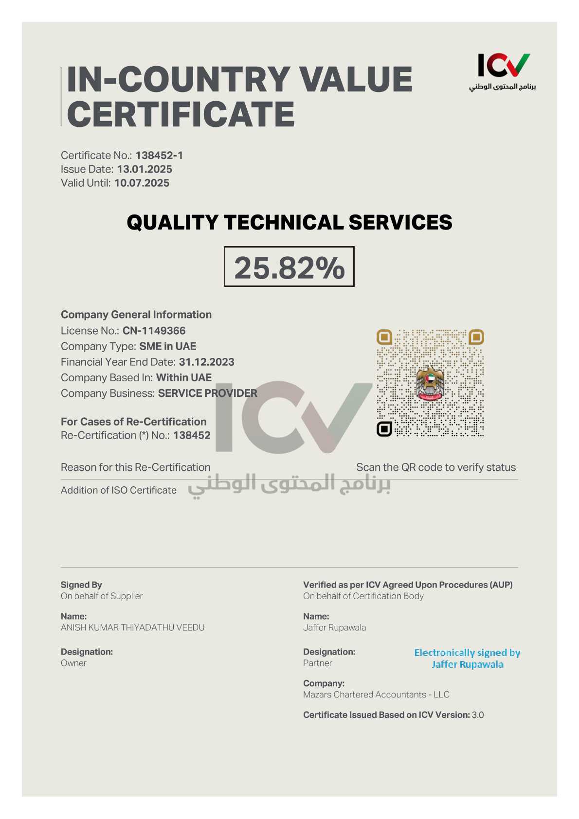 ICV certificate calibration